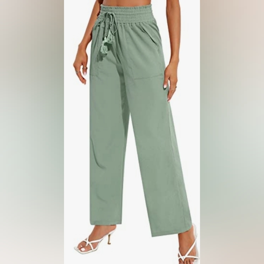 Women's Cotton Linen Pants Loose Elastic Waist Beach Trousers Size Large Mint